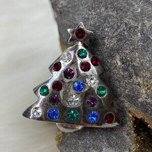 Vintage Christmas Tree Pin Brooch Eisenberg Ice Silver Tone Rhinestones